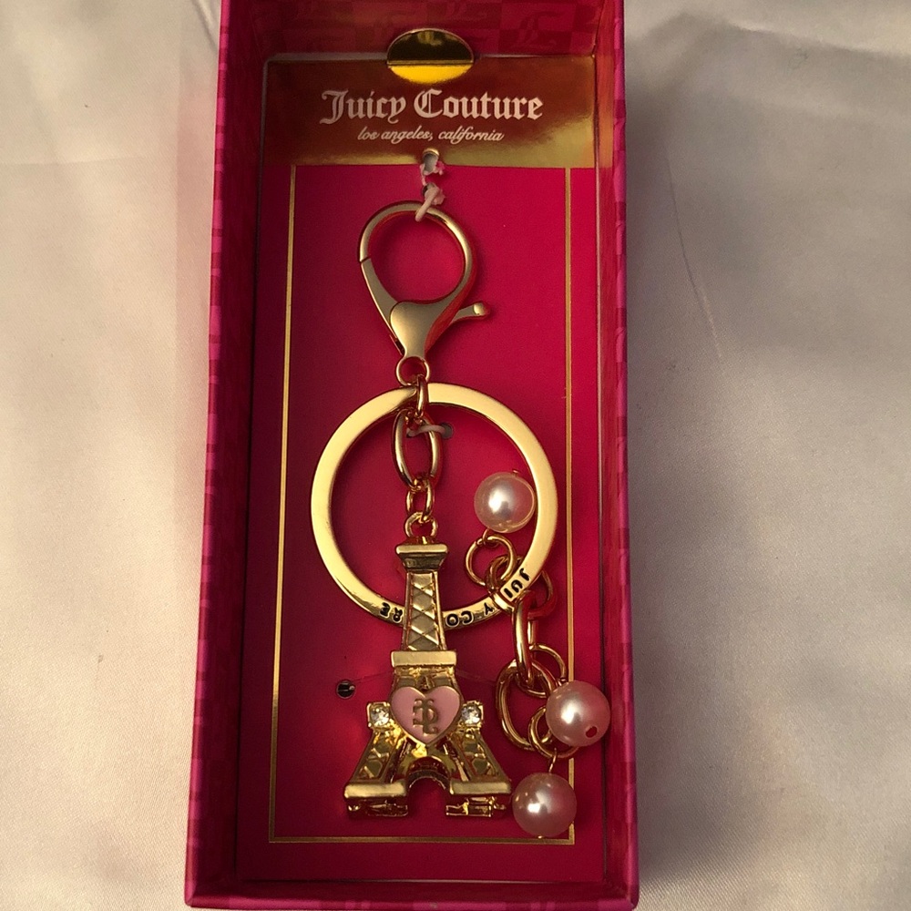 Juicy Couture Gold Tone & Pink JC Eiffel Tower Bag Charm Faux Pearl Accents NIB